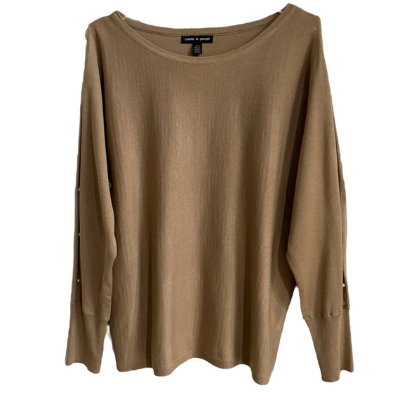 CABLE & GAUGE CAMEL BROWN PEARL SLEEVE PEEKABOO KNIT TOP SWEATER SZ L - Picture 2 of 3